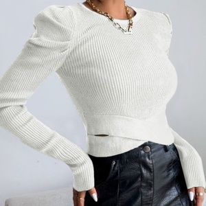 Classic White Ribbed Puff Sleeve Sweater Top